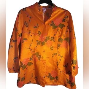 Vintage Floral Orange Button-Up Blouse Oriental Look Long Sleeve Size 44